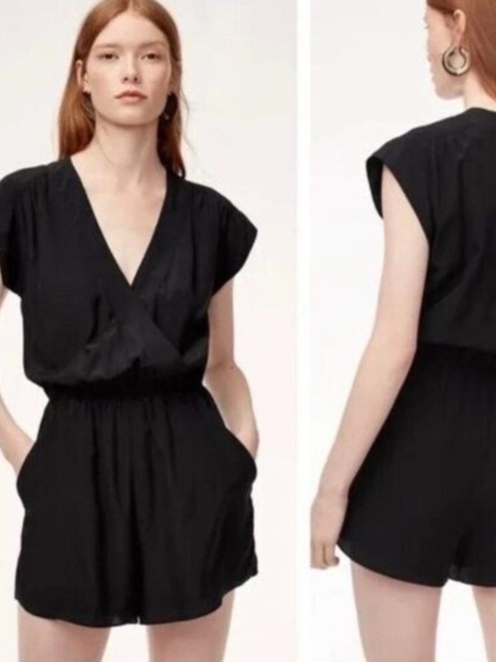 Babaton Corbett Silk Black Short Sleeve V-Neck Romper